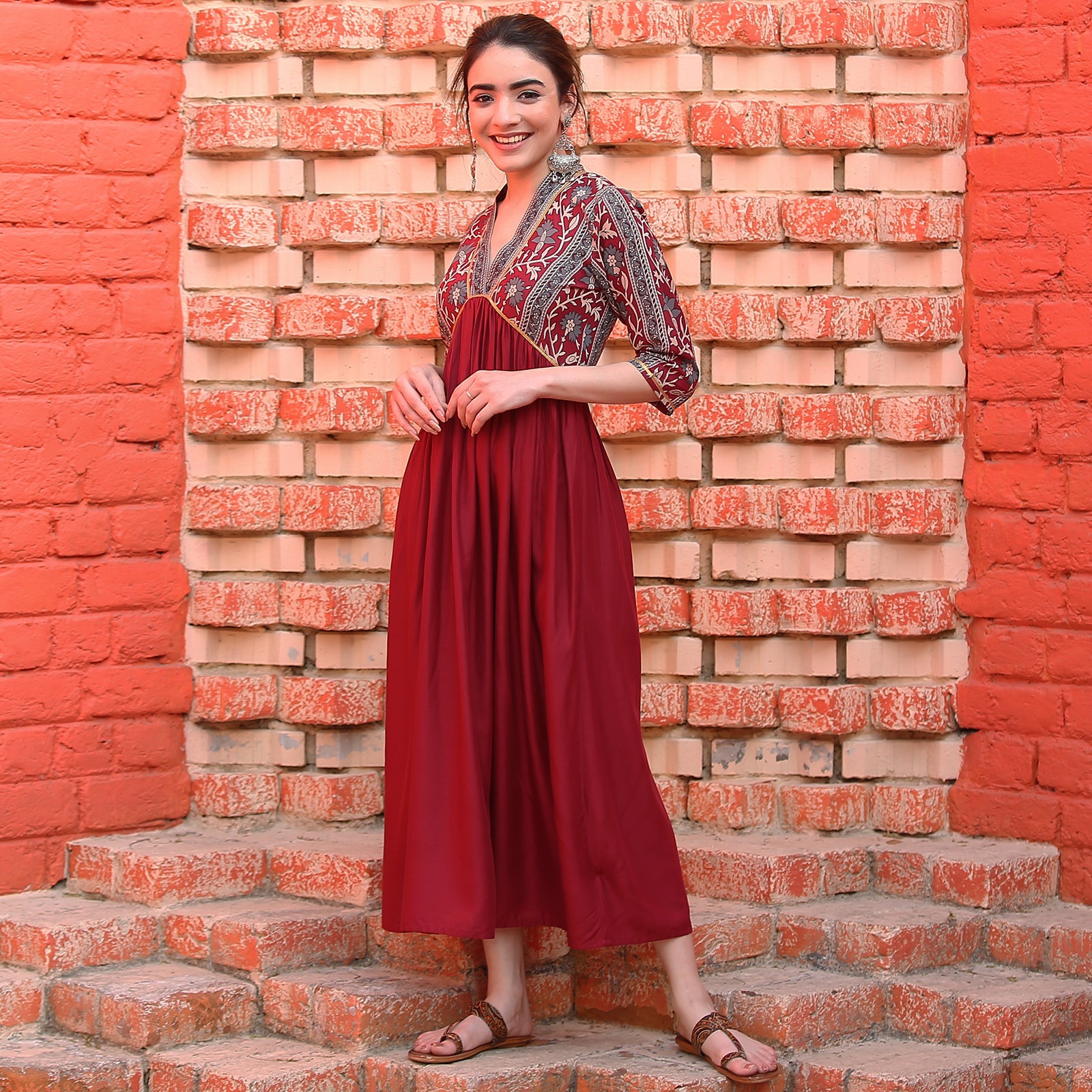 Buy Maroon V Neck Alia Cut Dress