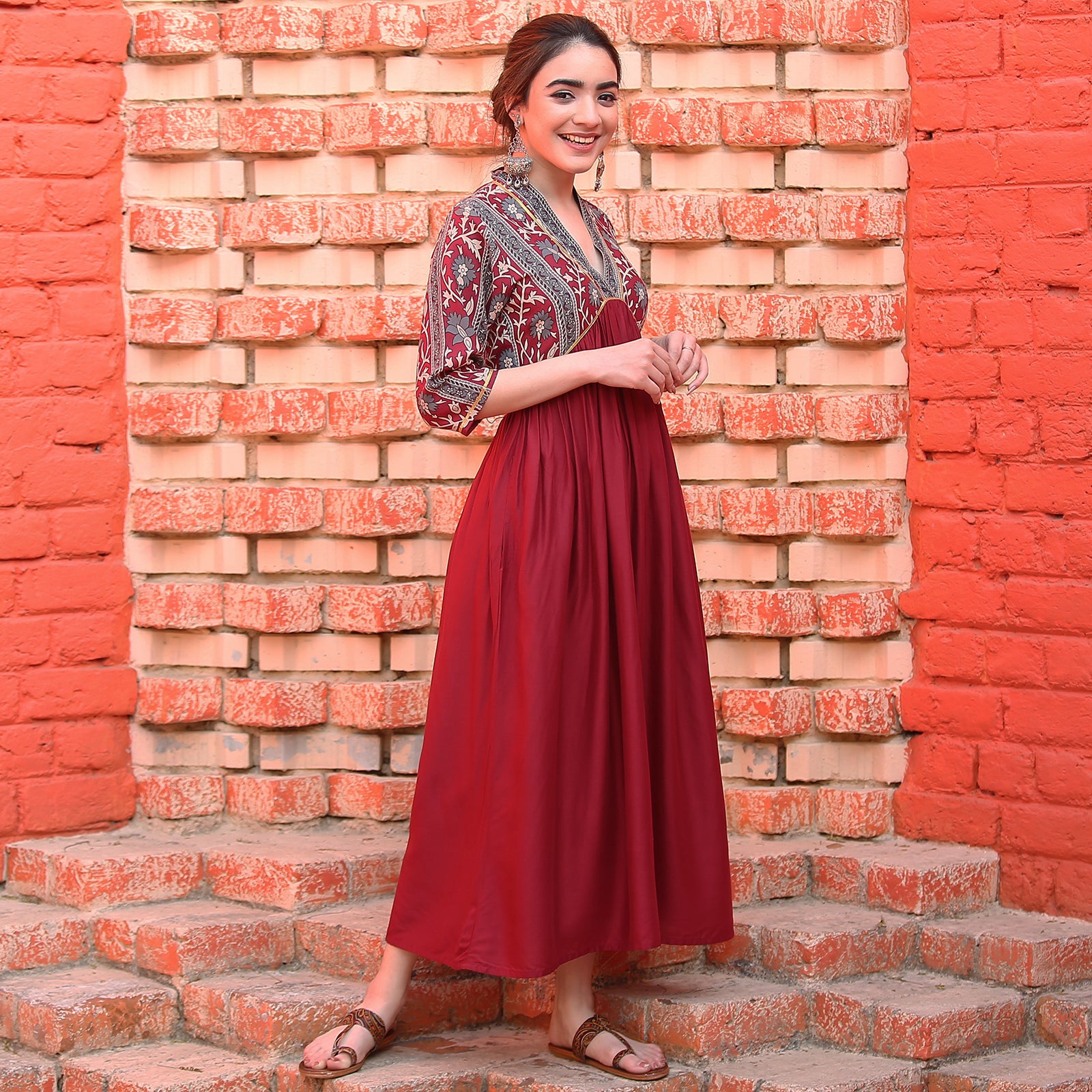 Buy Maroon V Neck Alia Cut Dress