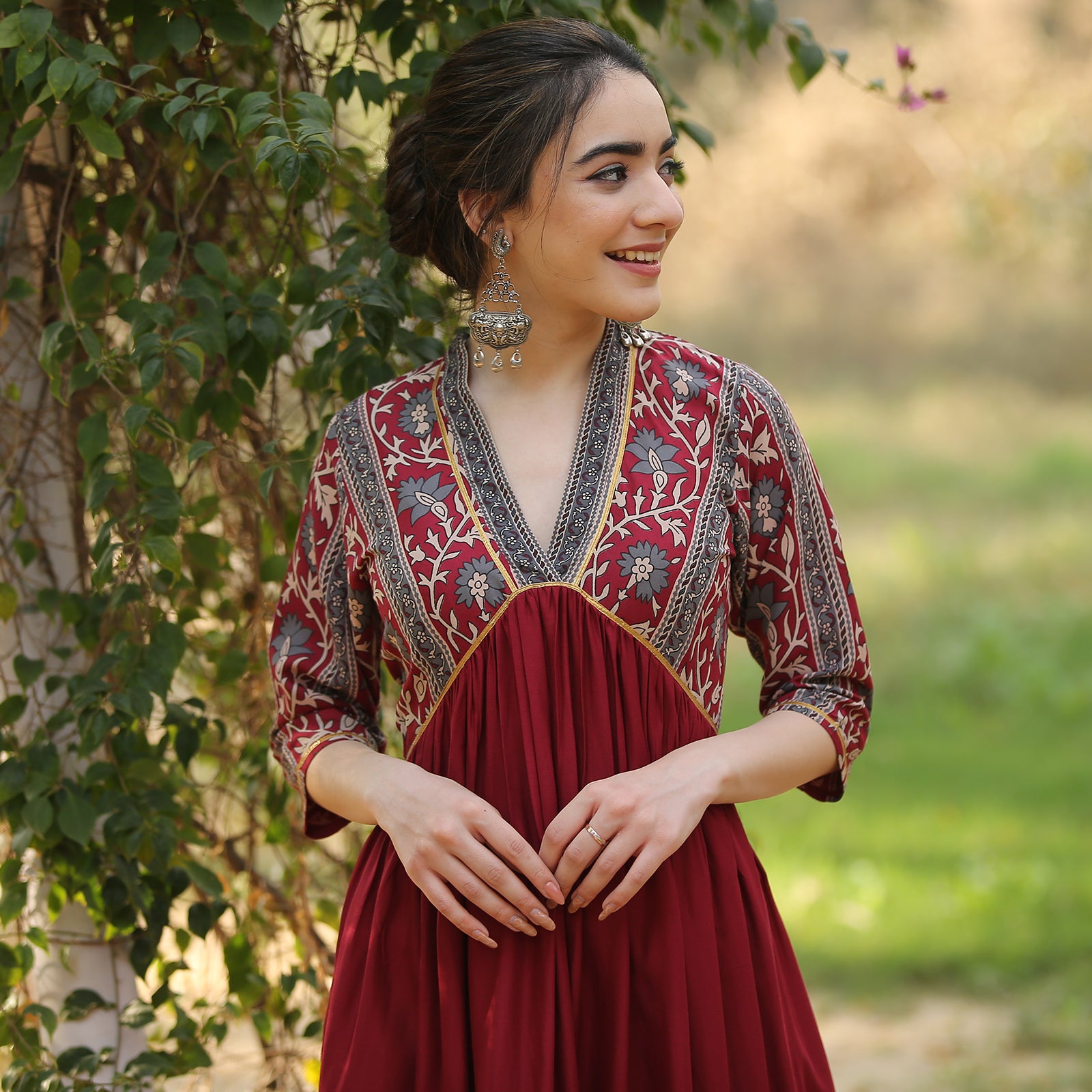 Maroon Printed Full-Sleeves Alia-Cut Cotton Top