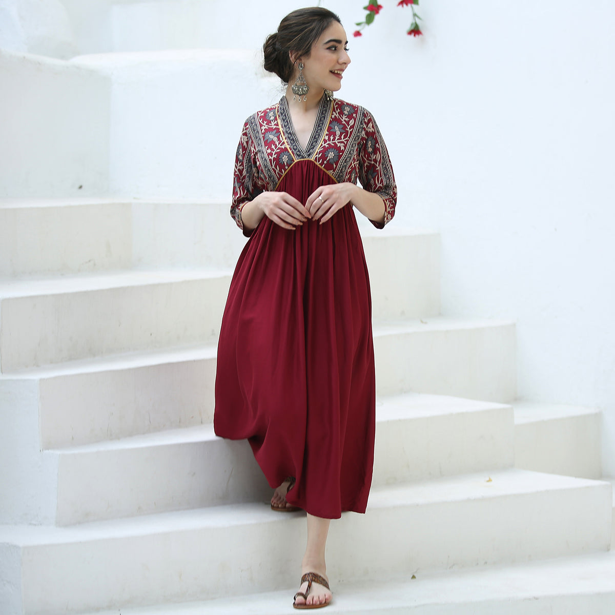Maroon V Neck Alia Cut Dress