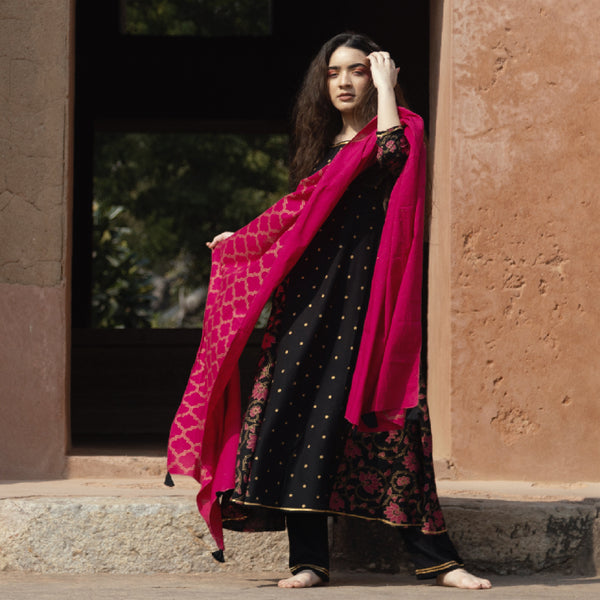 Black & Pink Lotus Printed Full Kurta Set with Dupatta & Tassel Details