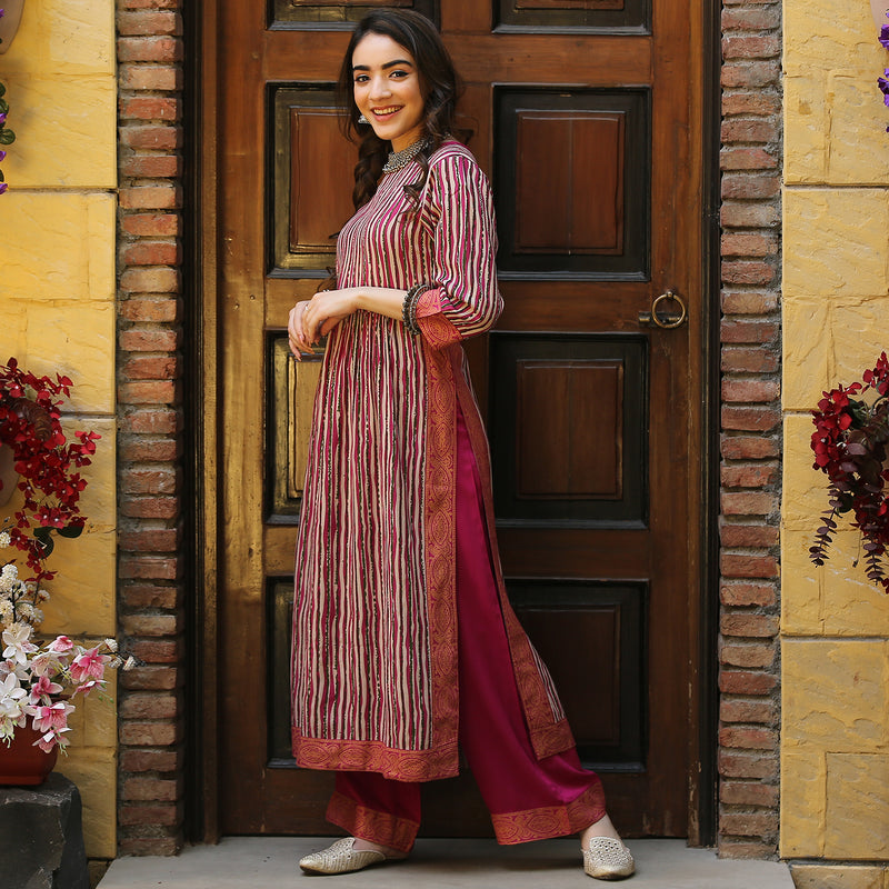 Multicolour Striped Front Gather Kurta Palazzo Set