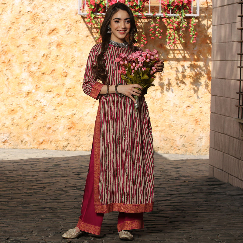 Multicolour Striped Front Gather Kurta Palazzo Set