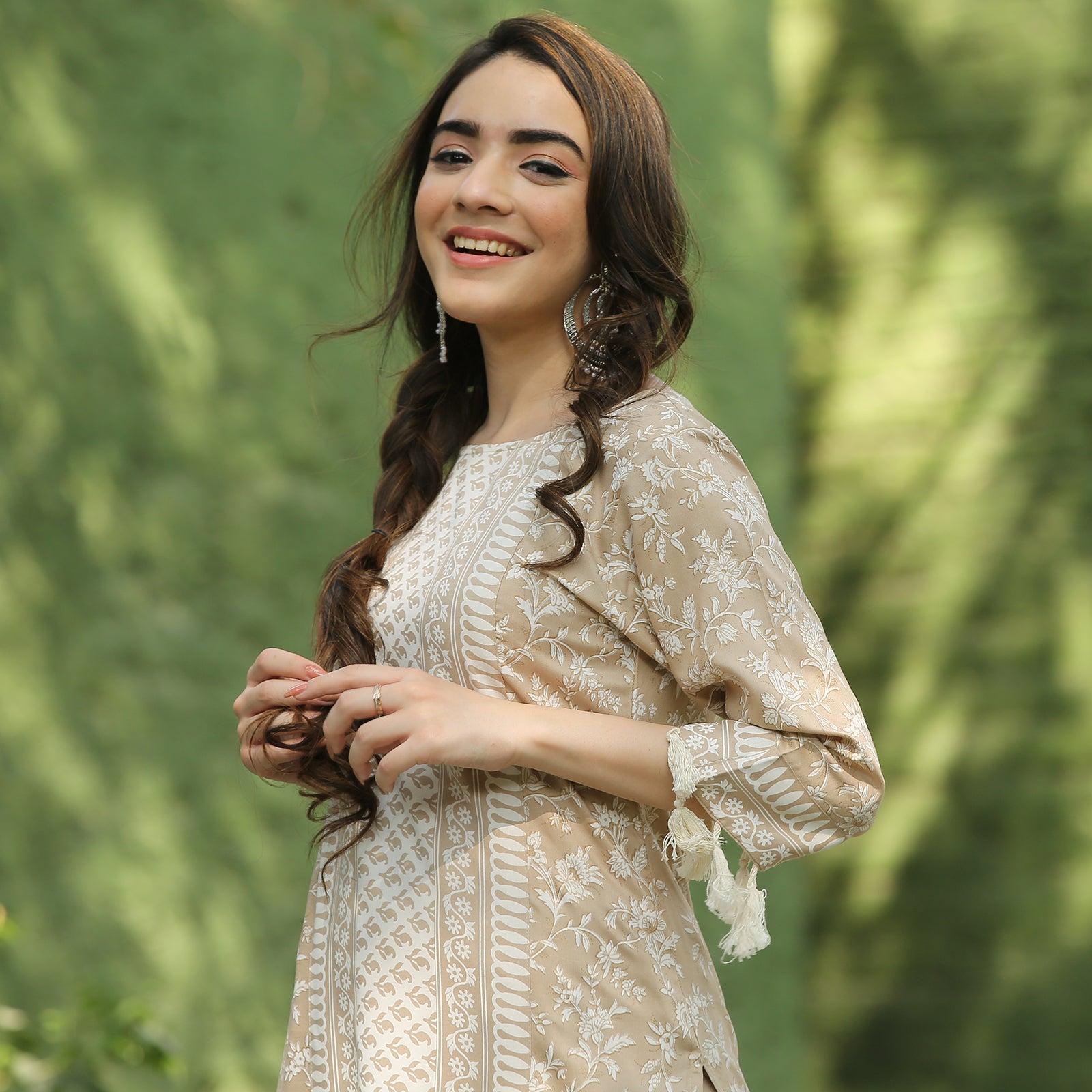 Beige Checker Textured Cotton Kurta and Palazzo Co-ord Set