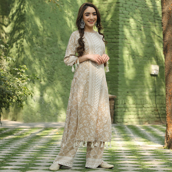 Beige Kurta Palazzo Set with Tassel Details