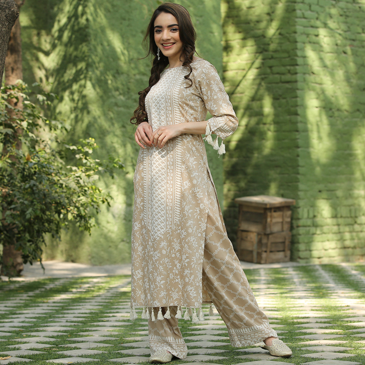Beige Kurta Palazzo Co-ord Set with Tassel Details