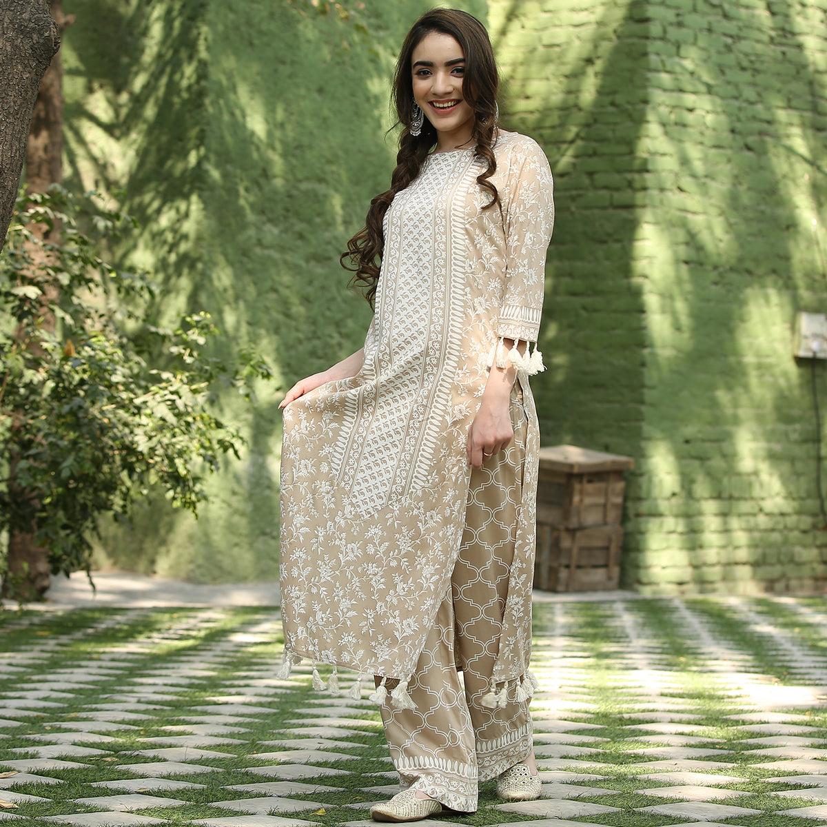 Beige Kurta Palazzo Co-ord Set with Tassel Details