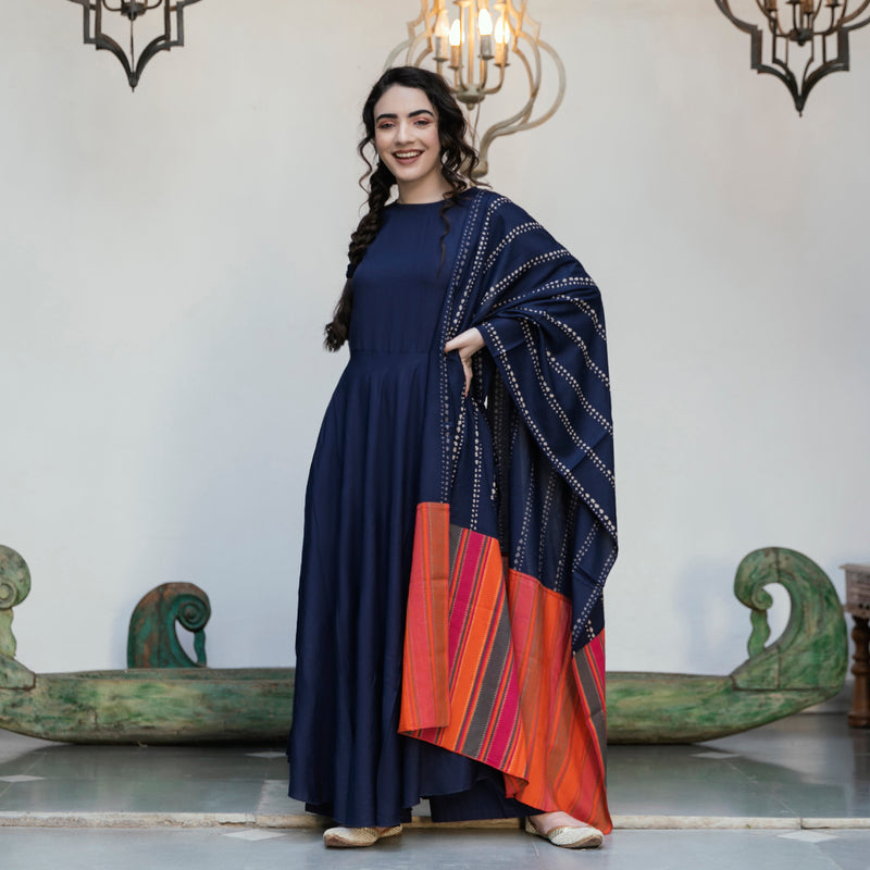 Indigo Flared Kurta Palazzo Set with Multicolour Dupatta