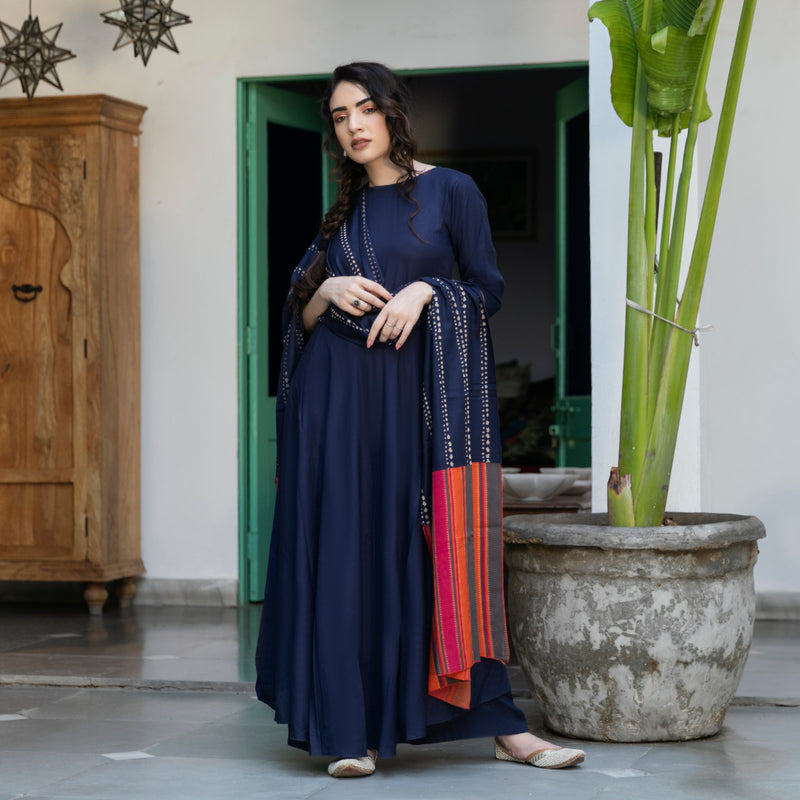 Indigo Flared Kurta Palazzo Set with Multicolour Dupatta