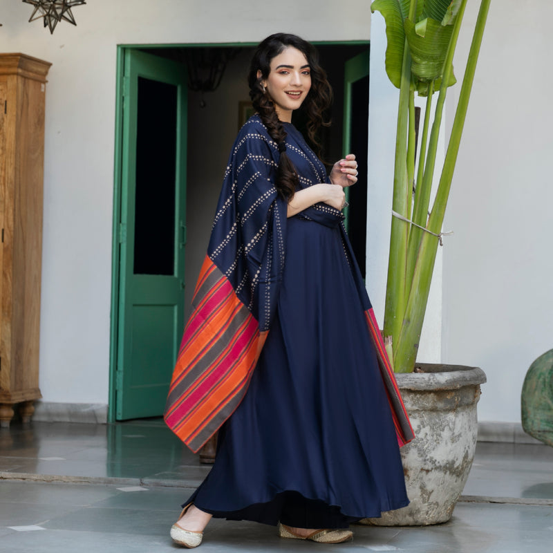 Indigo Flared Kurta Palazzo Set with Multicolour Dupatta