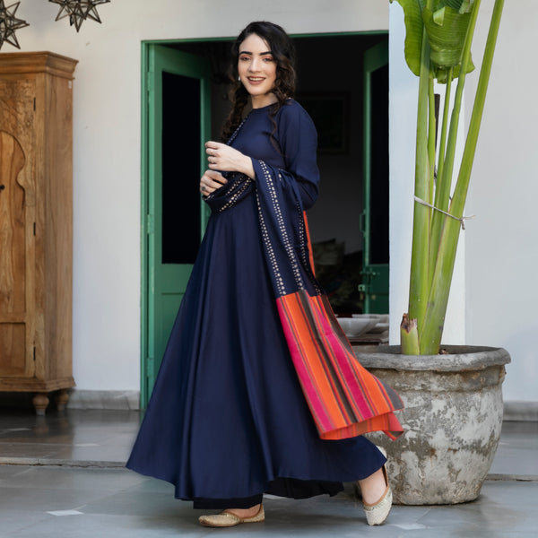 Indigo Flared Kurta Palazzo Set with Multicolour Dupatta