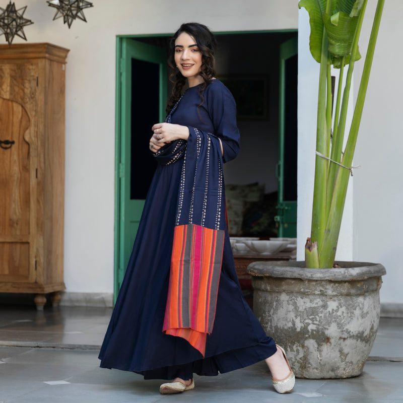 Indigo Flared Kurta Palazzo Set with Multicolour Dupatta