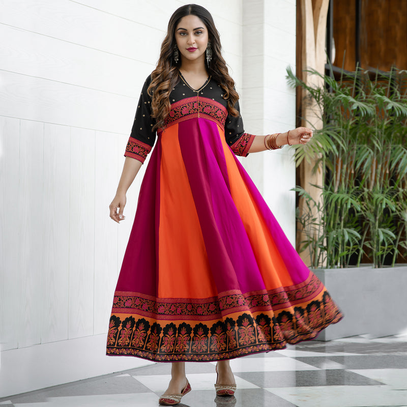 Black Multicolour Long Kalidaar Dress with Border Details