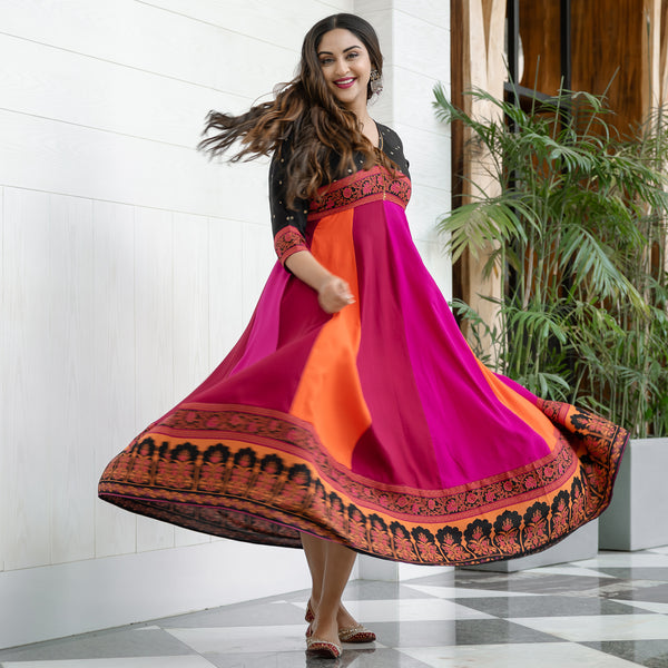 Black Multicolour Long Kalidaar Dress with Border Details