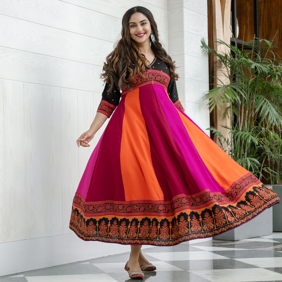 Black Multicolour Long Kalidaar Dress with Border Details
