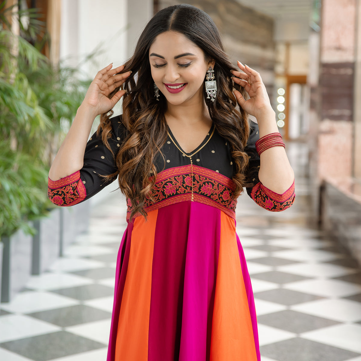 Black Multicolour Long Kalidaar Dress with Border Details