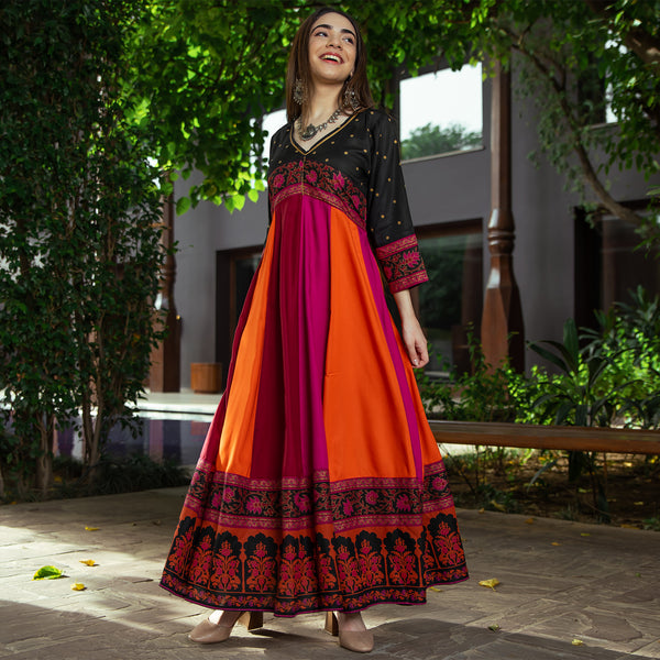 Black Multicolour Long Kalidaar Dress with Border Details