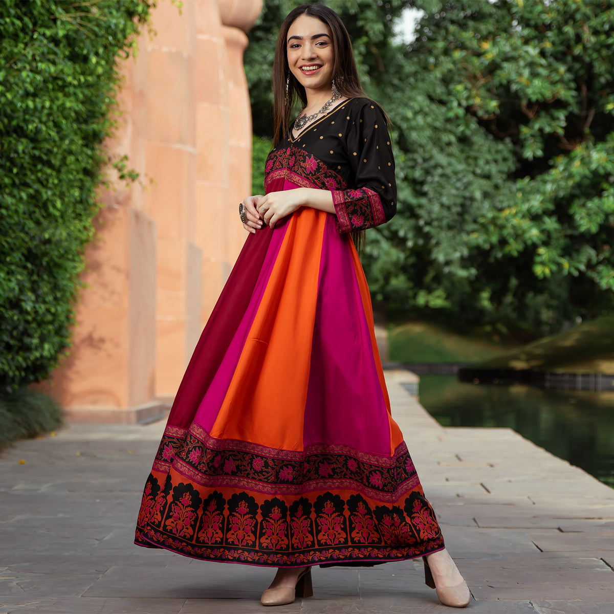Black Multicolour Long Kalidaar Dress with Border Details