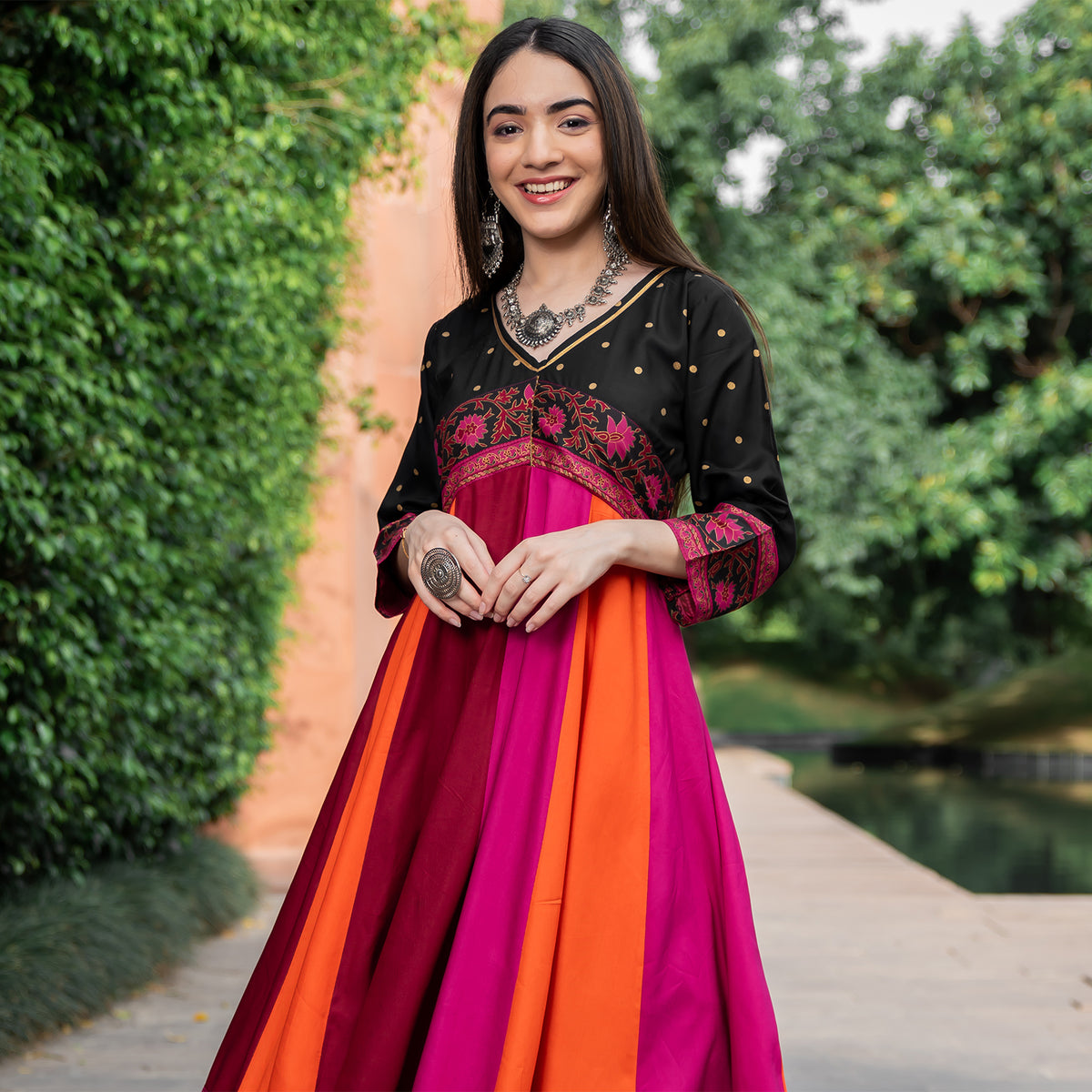 Black Multicolour Long Kalidaar Dress with Border Details