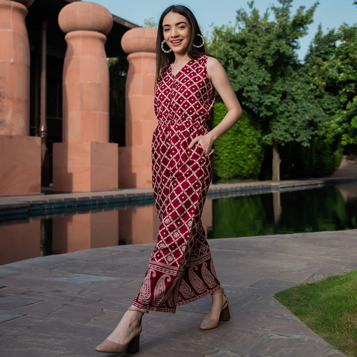 Maroon Front Buttoned Jumpsuit