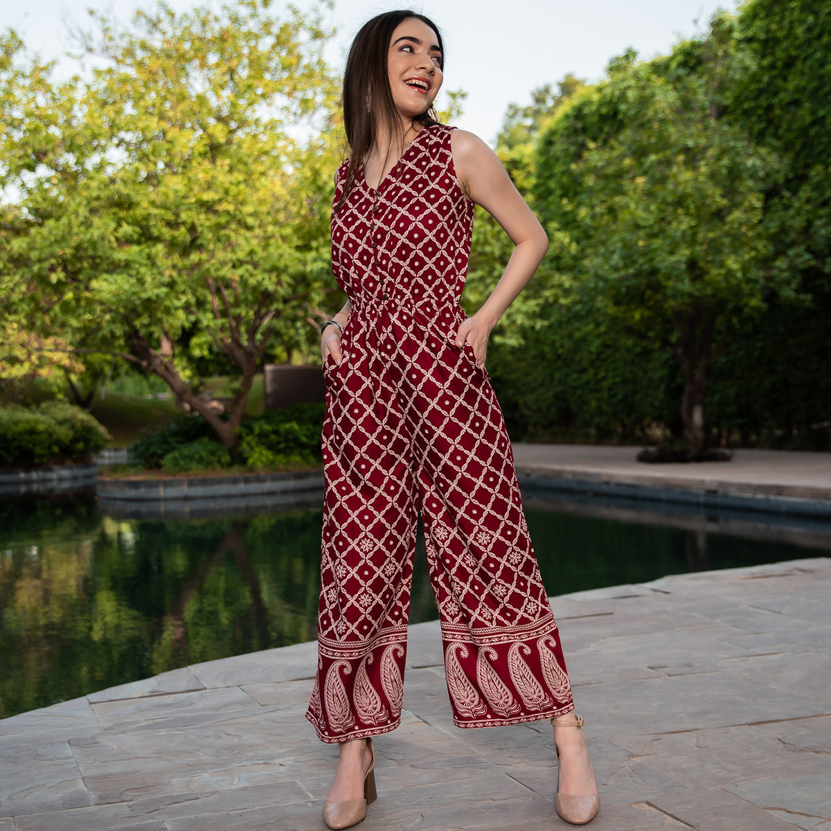 Maroon Front Buttoned Jumpsuit
