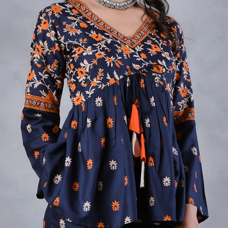 Deep Blue Floral Gathered Top Pant Set with Tassels & Bell Sleeves