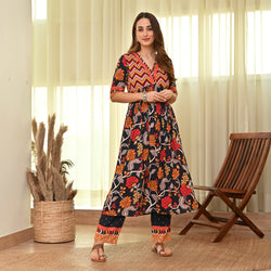 Black Floral Front Gathered Kurta Pant Set