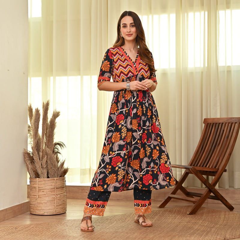 Black Floral Front Gathered Kurta Pant Set