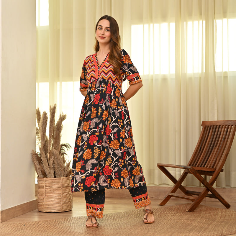 Black Floral Front Gathered Kurta Pant Set