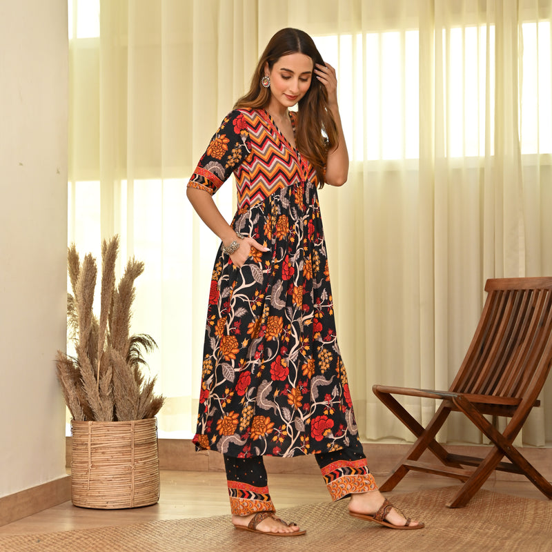 Black Floral Front Gathered Kurta Pant Set