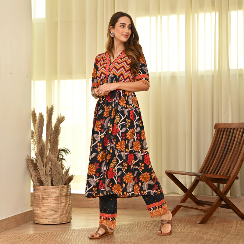 Black Floral Front Gathered Kurta Pant Set