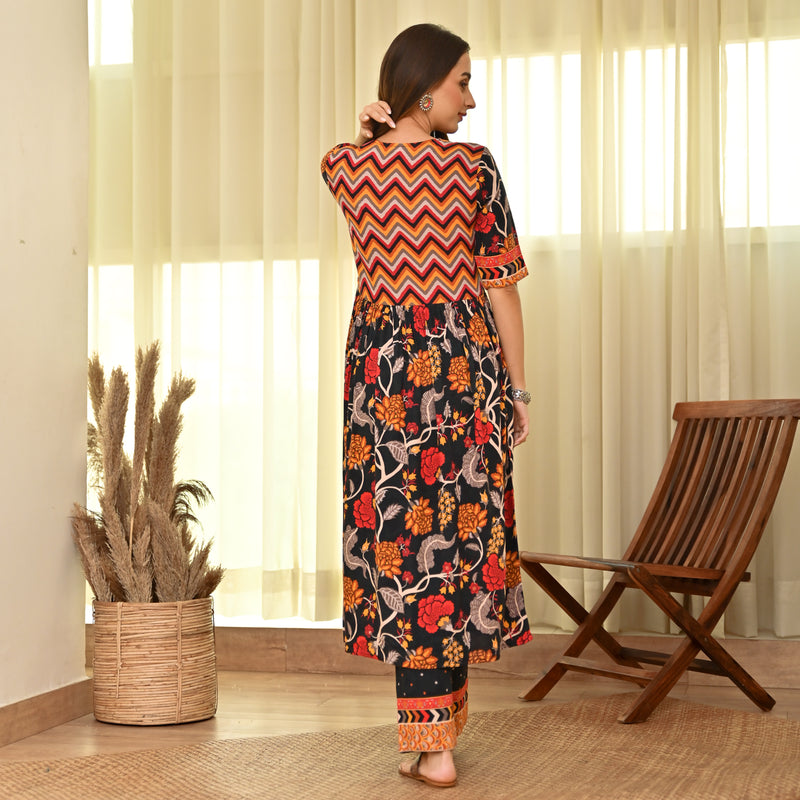 Black Floral Front Gathered Kurta Pant Set