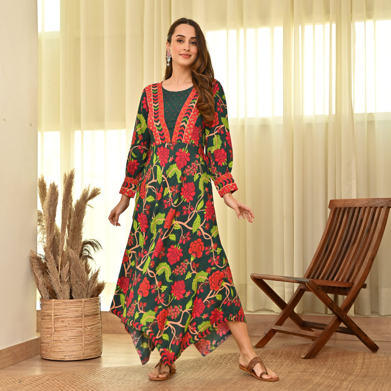 Emerald Green Handkerchief Dress with Bishop Sleeves