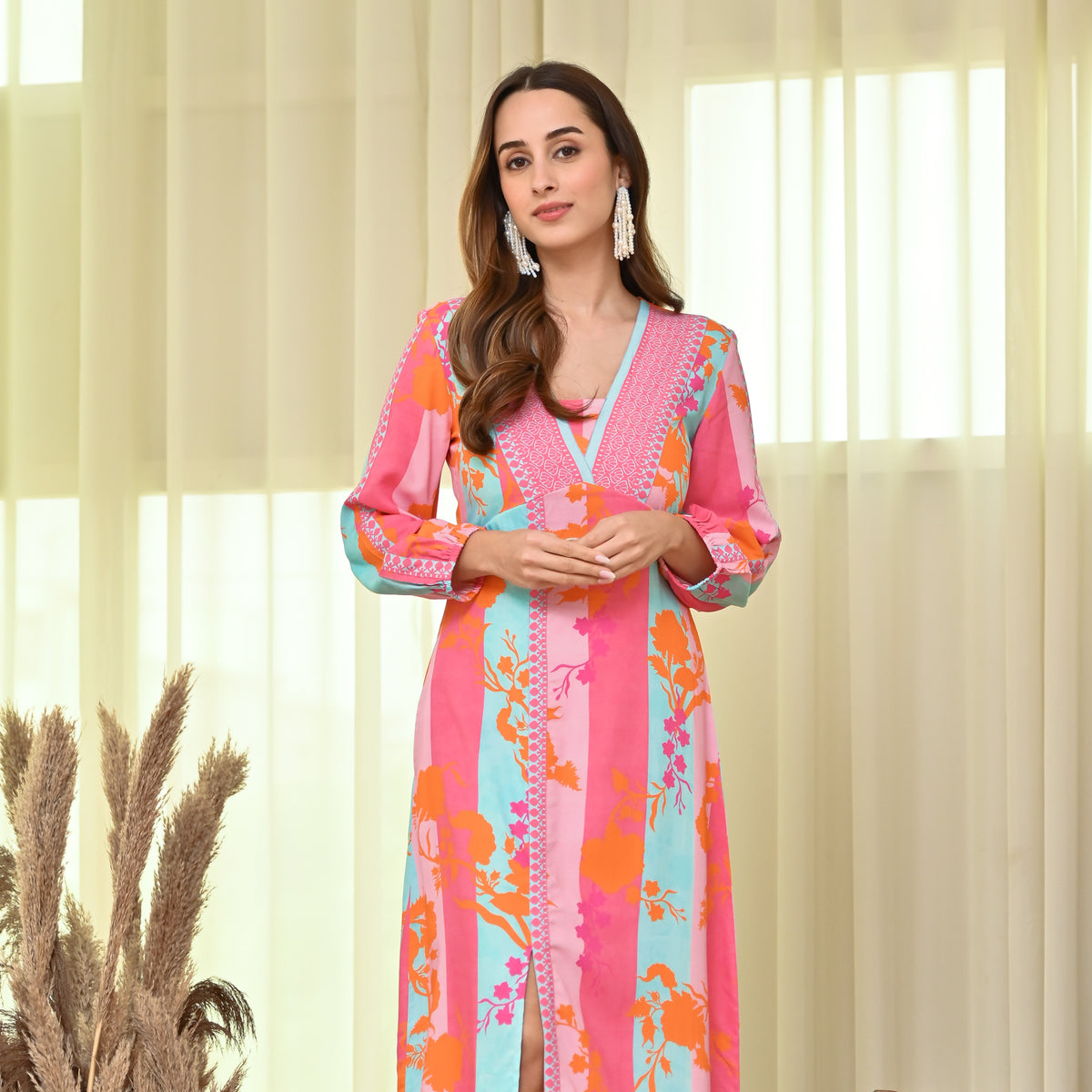 Pink Blue Side Slit Long Dress with Bishop Sleeves