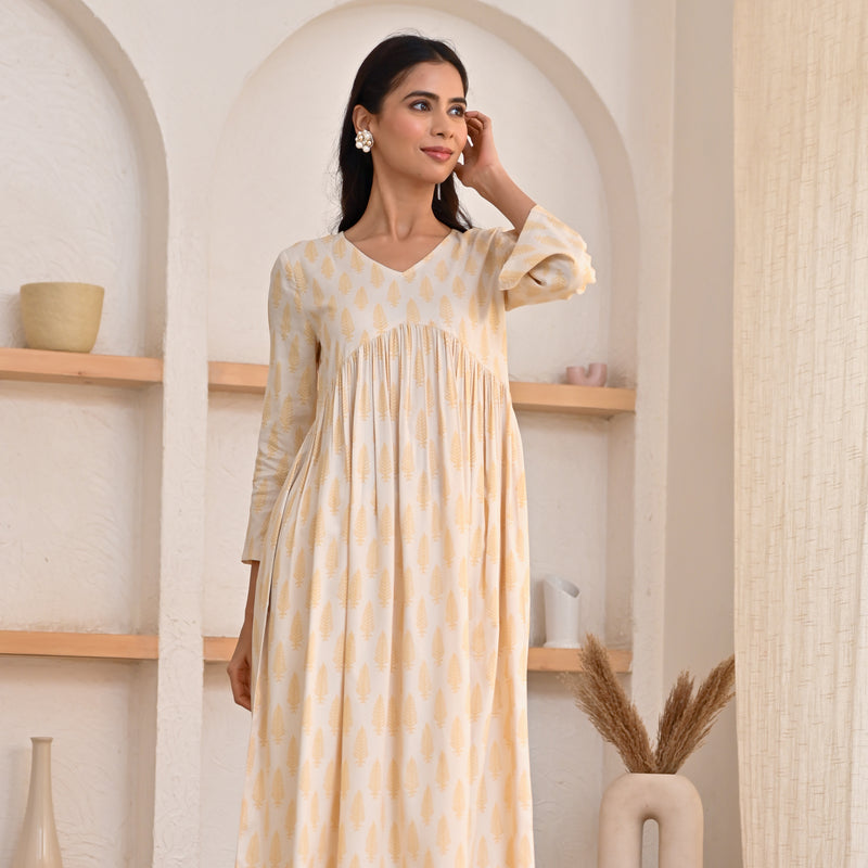 White Front Gathered Leaf Print Kurta Pant Set
