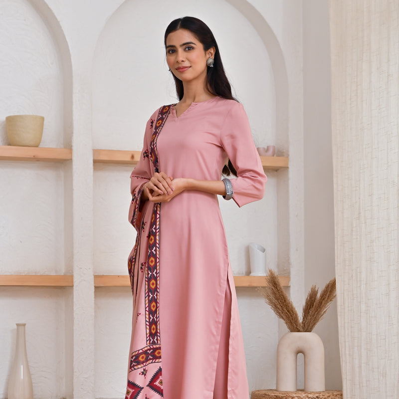 Baby Pink Kurta Pant Set with Ikat Dupatta