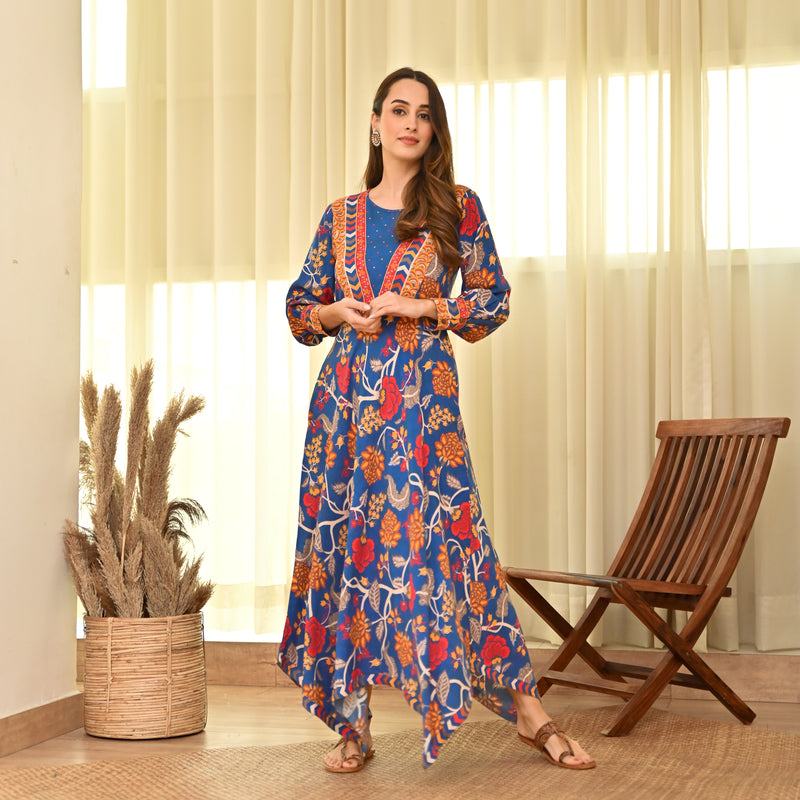 Navy Blue Handkerchief Dress with Bishop Sleeves