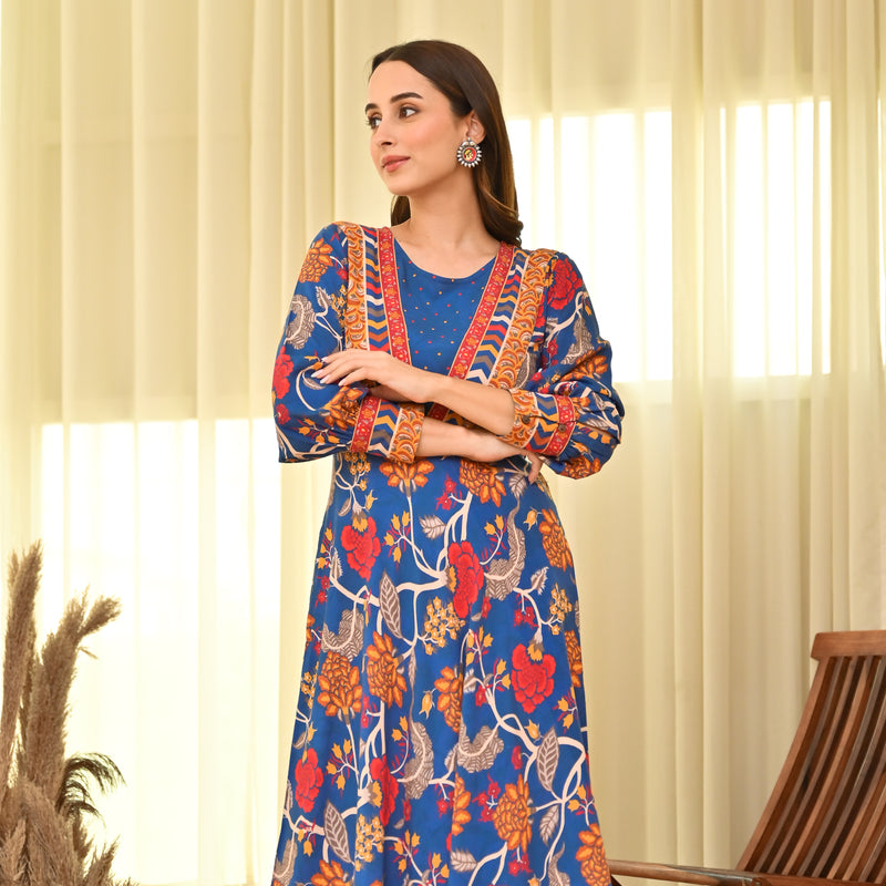Navy Blue Handkerchief Dress with Bishop Sleeves