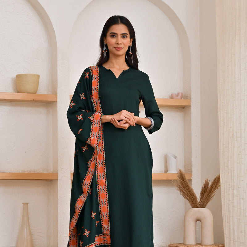 Emerald Green Kurta Pant Set with Ikat Dupatta