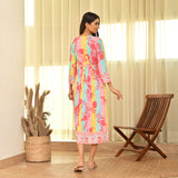 Pink Yellow Front Gathered V Neck Floral Dress
