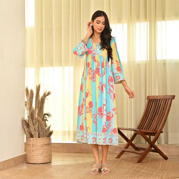 Blue Yellow Front Gathered V Neck Floral Dress