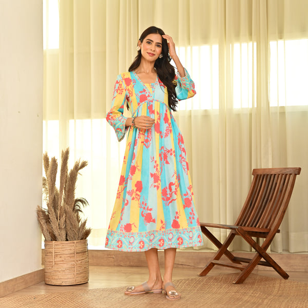 Blue Yellow Front Gathered V Neck Floral Dress