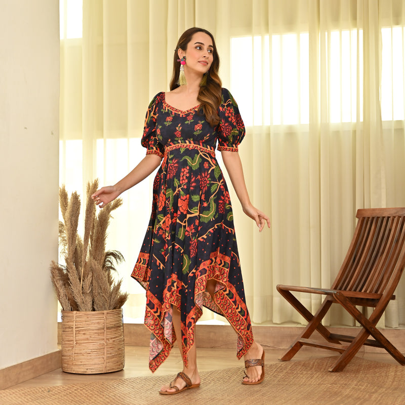 Navy Blue Handkerchief Dress with Puff Sleeves