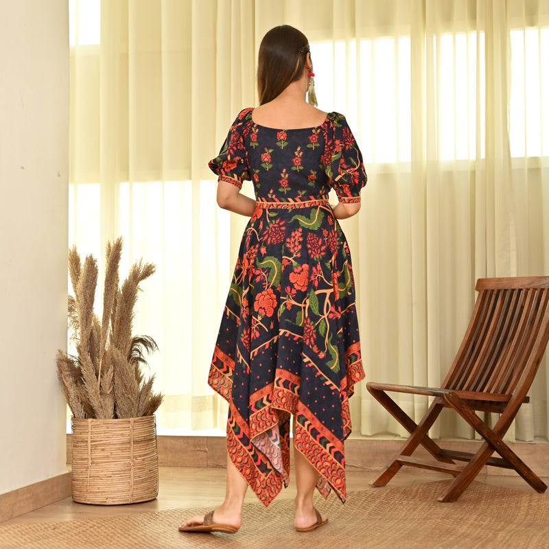 Navy Blue Handkerchief Dress with Puff Sleeves