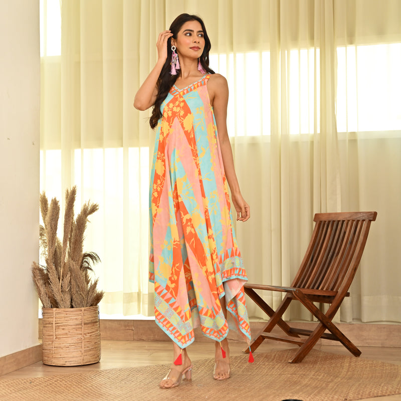 Peach Orange Handkerchief Colour Block Dress