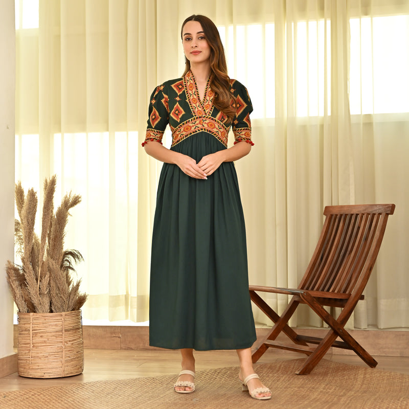 Emerald Green V Neck Gathered Dress with Puff Sleeves