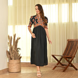 Black V Neck Gathered Dress with Puff Sleeves