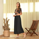 Black V Neck Gathered Dress with Puff Sleeves
