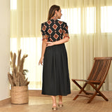 Black V Neck Gathered Dress with Puff Sleeves