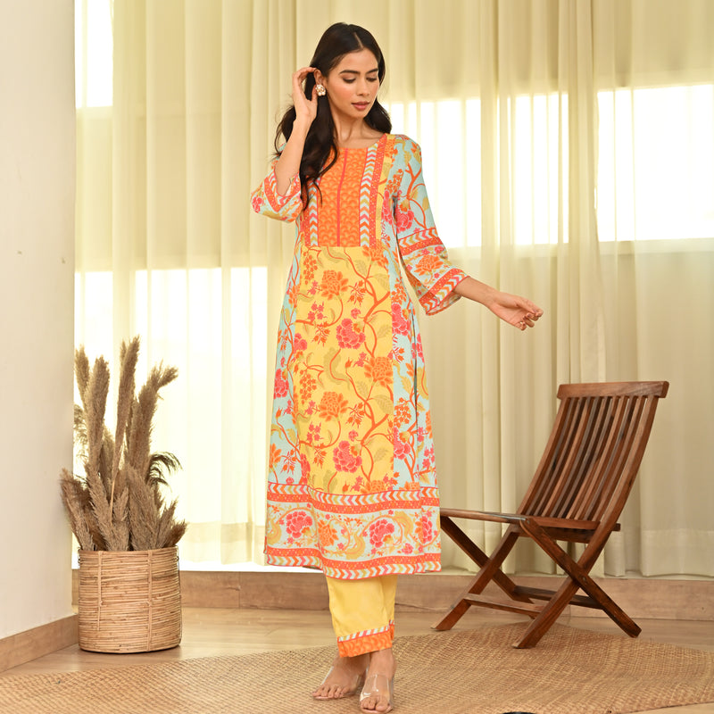 Yellow Blue A Line Floral Colour Block Kurta Pant Set